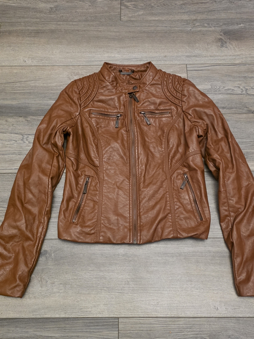 Joujou Y2K Brown Faux Leather Moto Jacket - Size Medium